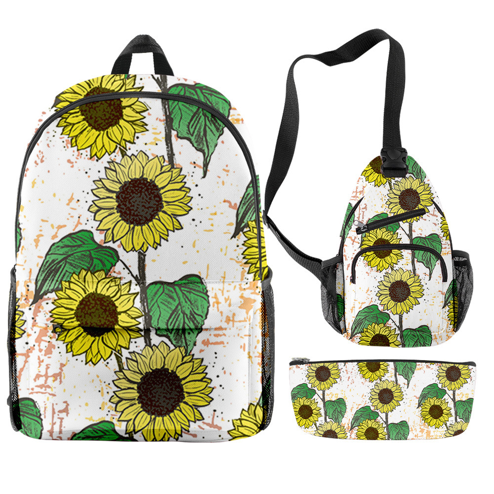 Fashion customized sunflower printed waterproof travelling backpack set 